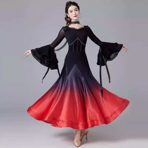 Women girls purple black ballroom dance dresses waltz tango flare sleeves ballroom dancing skirts performance gown for female